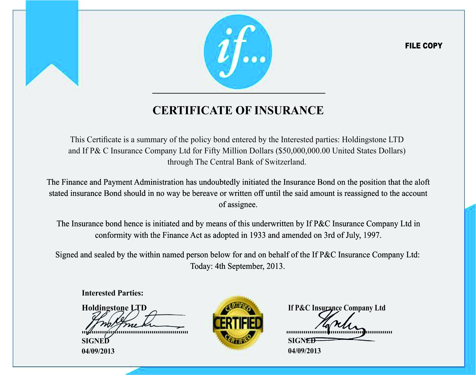 Holdingstones Limited certificate